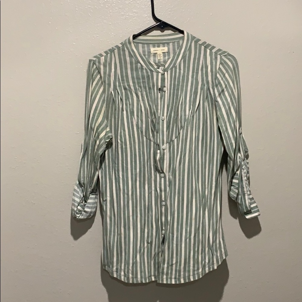Green and white striped button down blouse